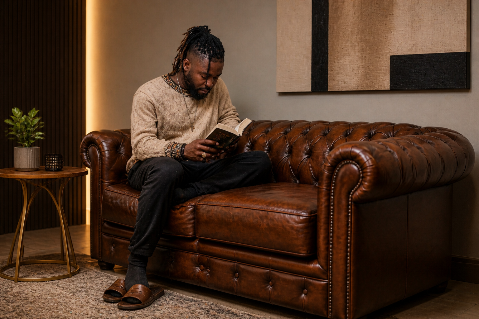 Don Eli en pull beige, installé dans un canapé en cuir
